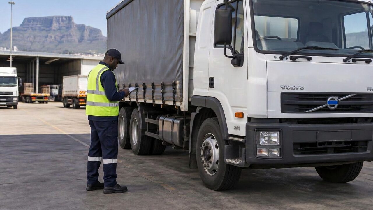 Operations specialist in a hi-vis vest carrying out a walk-around vehicle inspection in a transport yard