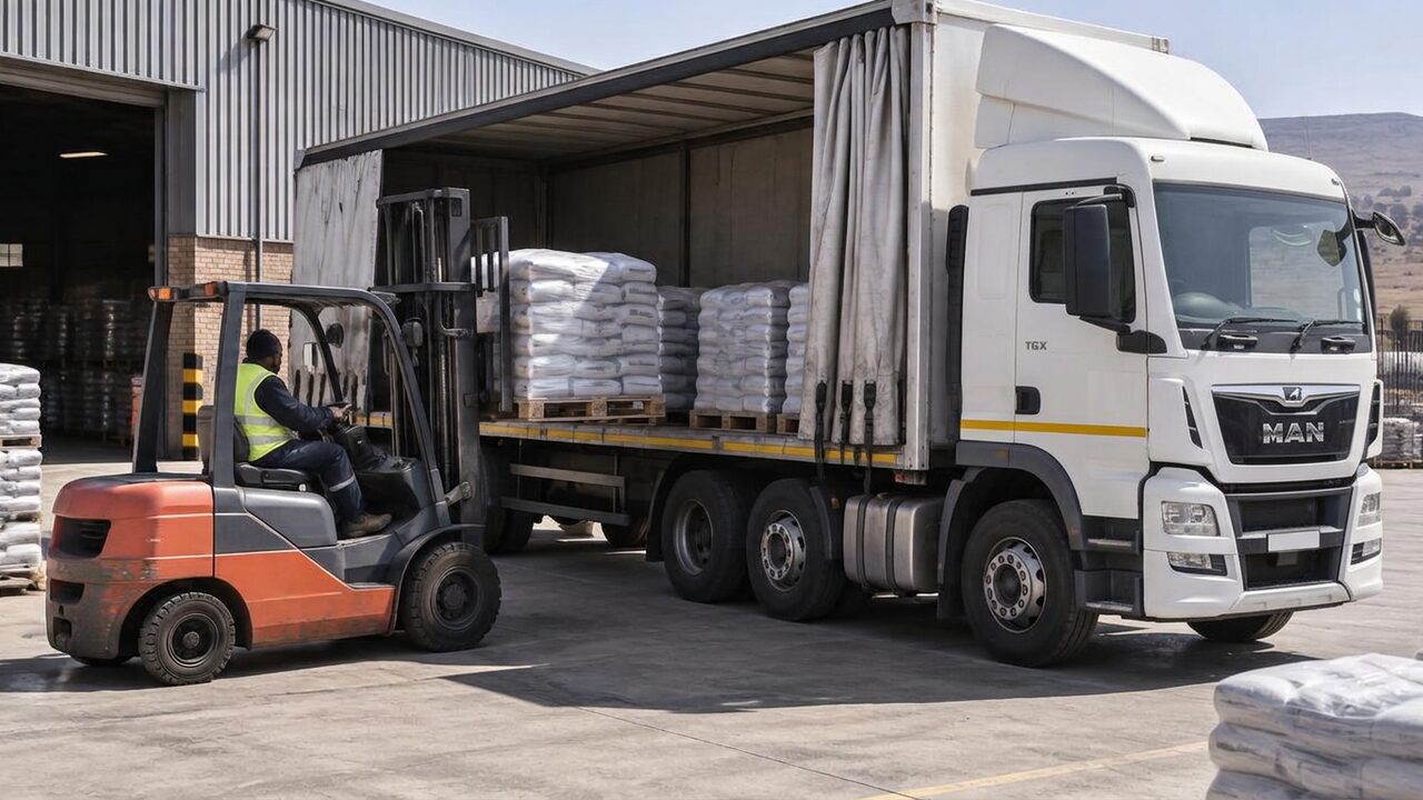 Forklift loading shrink-wrapped pallets into the open side of a curtain-sided trailer at a factory loading dock