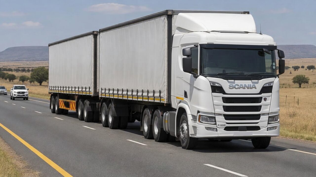 Curtain-sided superlink combination travelling on a South African national highway