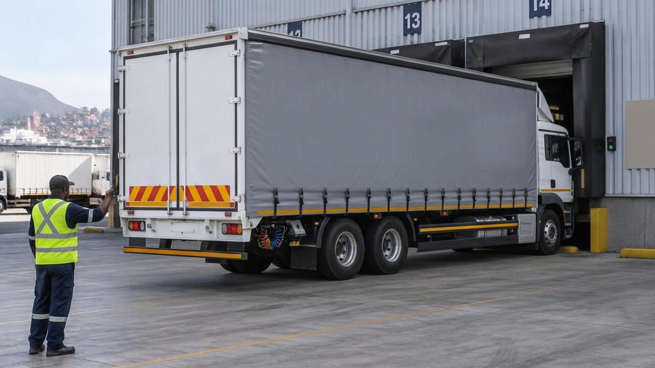 Curtain-sided truck reversing onto a row of warehouse dock doors