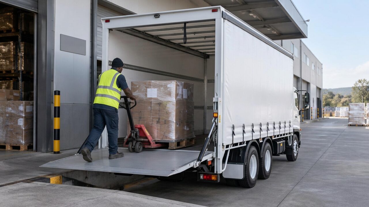 Rigid truck with a tail-lift at a retail distribution centre receiving bay with pallets on a pallet jack