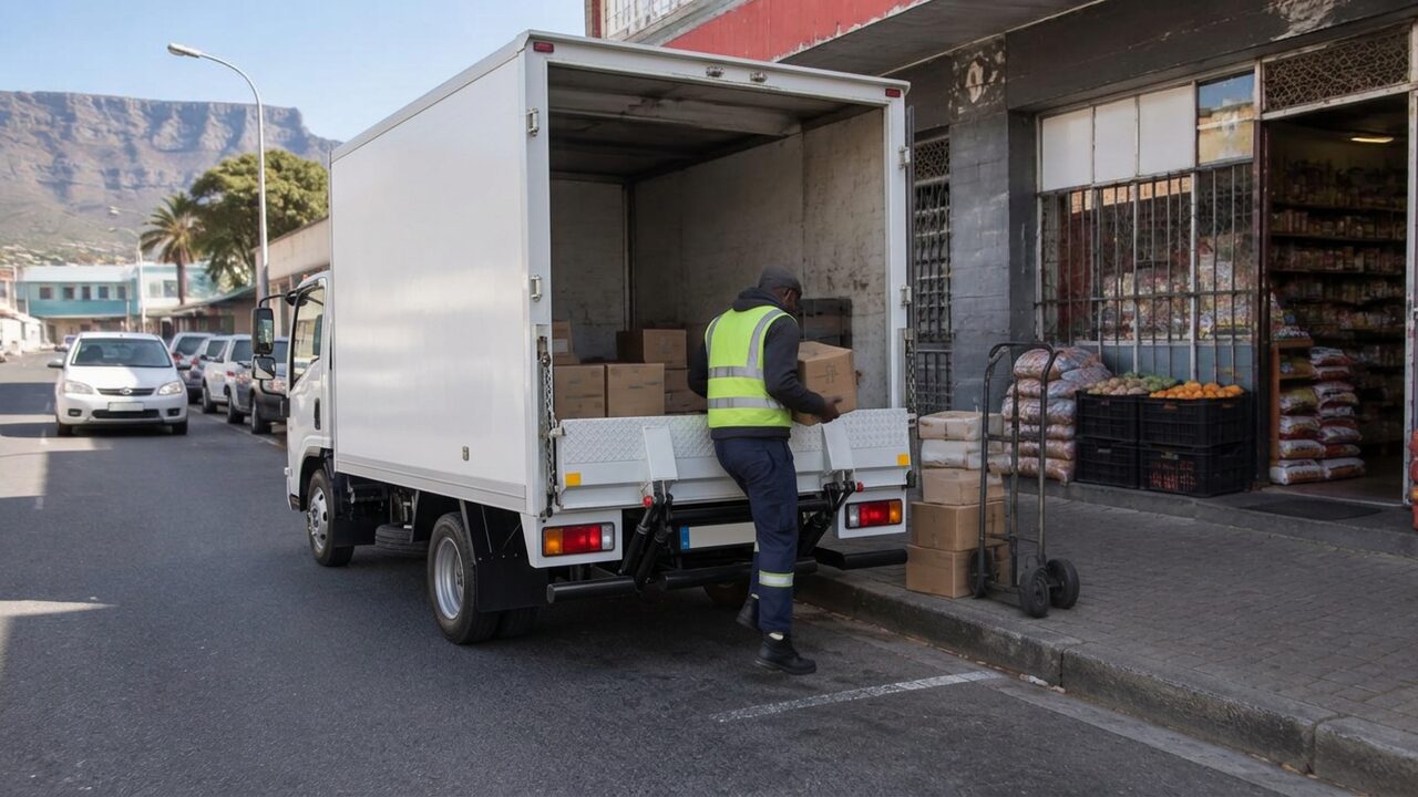 Light delivery truck being offloaded by hand outside a small independent shop on a South African street